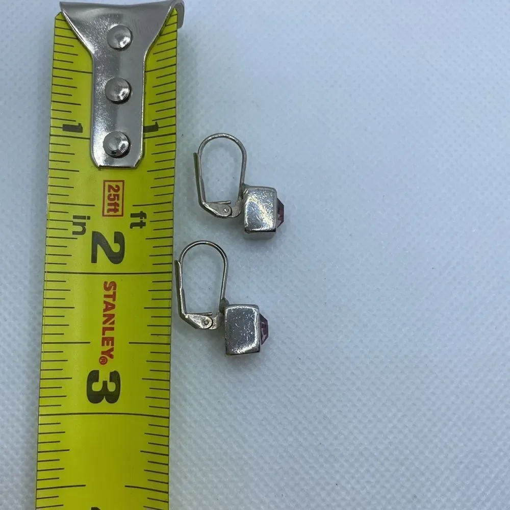 💛 Y2K Silver Plated Square Pink Rhinestone Hook Back Earrings - Picture 6 of 7